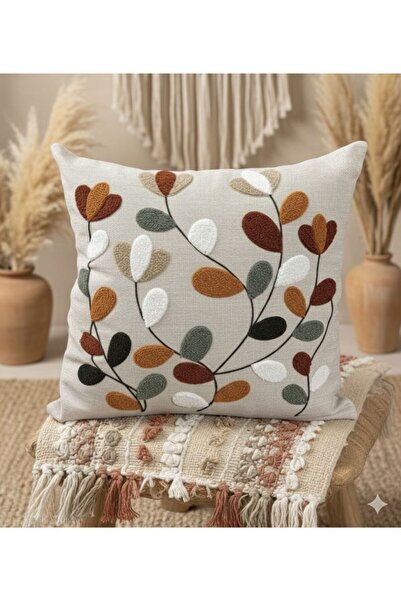 Mustgross Punch Panç Nakışlı Tekli Kırlent Kılıfı 43x43cm Dekoratif Keten Kırlent Kılıfı