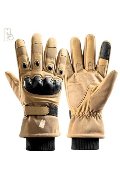 SINGLE SWORD Soğuğa ve Rüzgara Dayanıklı Dokunmatik Özellikli Kaydırmaz Eklem Korumalı Bej Kayak Eldiveni Bej