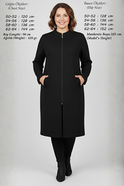 Laden Kadın Triko Mevsimlik Orta Kalınlıkta Çelik Örgü Büyük Beden Fermuarlı Kap Uzun Siyah Anne Hırka