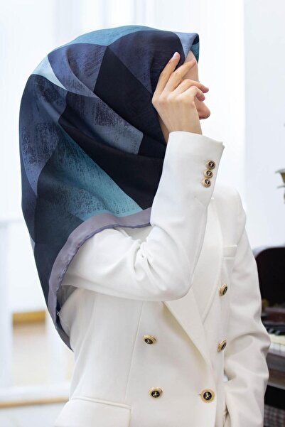 Vissona 100% mătase twill cu model geometric, culoare cyan - gri, eșarfă 90x90, formă de cusut: cusut manual