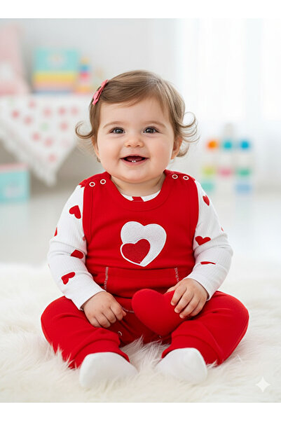 NAFİTO Kalpli Kız Bebek 3’lü Tulum Seti – Kollu Zıbın, Cepli Tulum ve Çorap | 3-6-9 Ay Bebek Kıyafeti