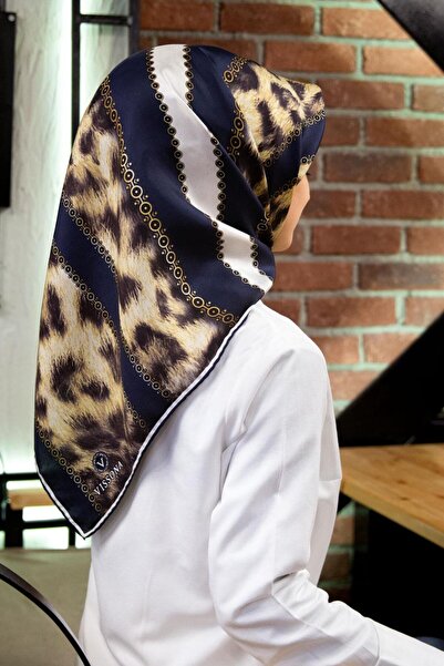 Vissona 100% twill de mătase cu model leopard bleumarin - culoare crem 90x90 eșarfă formă de cusut: cusut manual