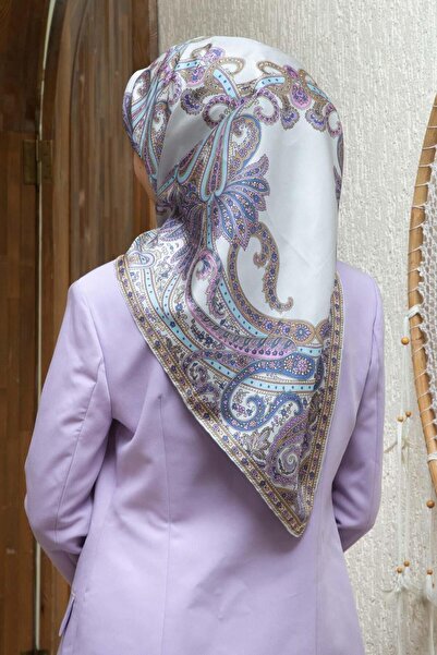 Vissona 100% Twill Silk Paisley Patterned Gray Colored 90X90 Scarf Sewing Sha...