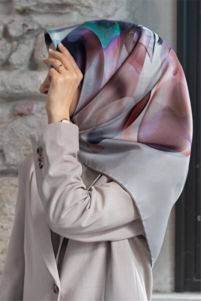 Vissona %100 Twill İpek Büyük Çiçek Desenli Gri - Somon Renkli 90x90 Eşarp Di...
