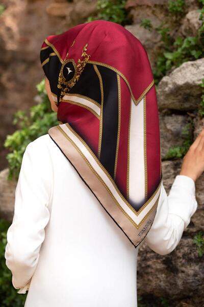 Vissona %100 Twill İpek Baroklu Ve Geometrik Desenli Bordo - Bej Renkli 90x90...