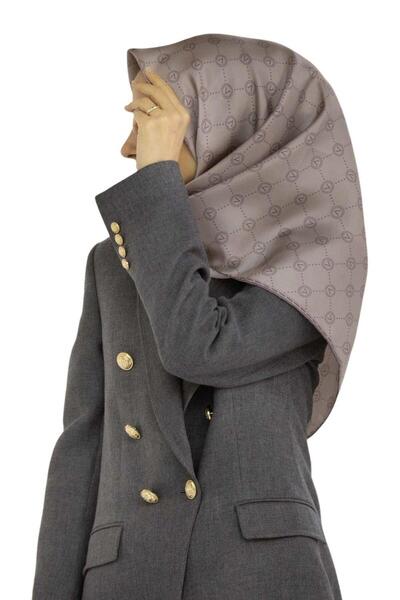 Vissona Twill Silk Monogram Πέτρινο χρώμα 90x90 Κασκόλ με σχέδιο σε σχήμα ράψ...