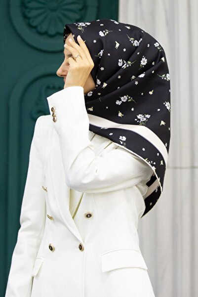 Vissona 100% Twill İpek Bordürlü Çıtır Çiçek Desenli Siyah - Gri Renkli 90x90...