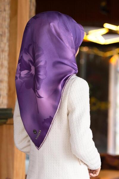 Vissona 100% Twill İpek Çiçek Desenli Lila Renkli 90x90 Dikim Şekli : El Diki...