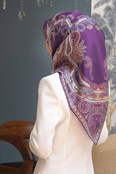 Vissona 100% șal de mătase twill cu model prune - culoare fucsia 90x90 eșarfă...