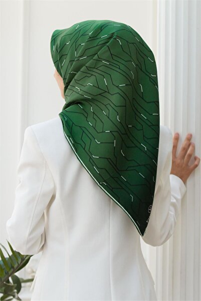 Vissona 100% Twill Μεταξωτό Κασκόλ με Γεωμετρικό Σχέδιο σε Σμαραγδί Πράσινο Χ...