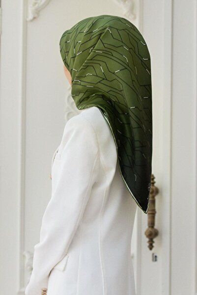 Vissona 100% حرير طويل نمط هندسي لون كاكي 90x90 وشاح طريقة الخياطة: خياطة يدوية