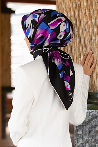 Vissona 100% Twill Silk Geometric Patterned Μαύρο - S μπλε κοβαλτίου Χρώμα 90...