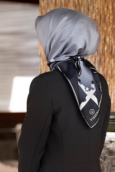 Vissona 100% keper Svila Motiv ivice Ç Cvetni dezen Siva - Srebrna boja 90x90...