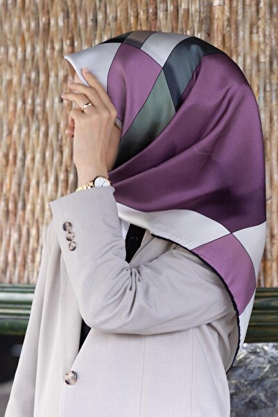 Vissona %100 Twill İpek Geometrik Desenli Gül Kurusu - Haki Renkli 90x90 Eşar...