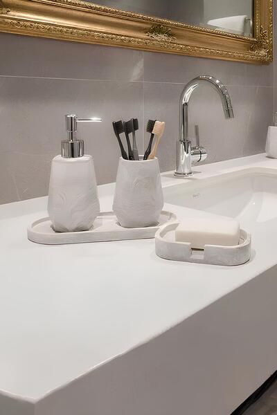 Elizovi Mermer Dokulu 4 Parça Lüks Banyo Seti | Sıvı Sabunluk, Fırçalık, Sabu...