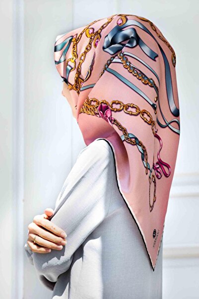 Vissona 100% Twill Silk Ribbon and Chain Patterned Powder Colored 90x90 Κασκό...