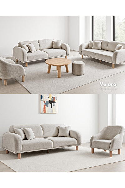 Velura Home & Living Lara Koltuk Takımı & Oturma Grubu - Krem (3+3+1)