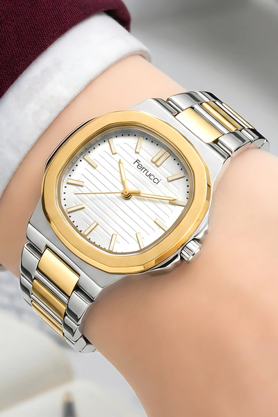 Ferrucci Kadın Kol Saati Çelik Kordon 3 Atm, Bileklik Hediyeli Gümüş-altın Sdfer045