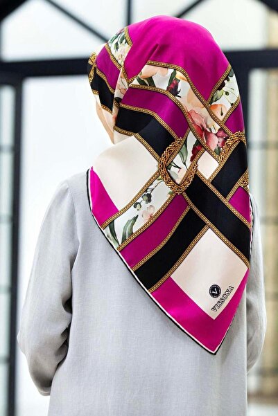 Vissona 100% Twill İpek Şeritli Çiçek Desenli Fuşya - Krem Renkli 90x90 Dikim...