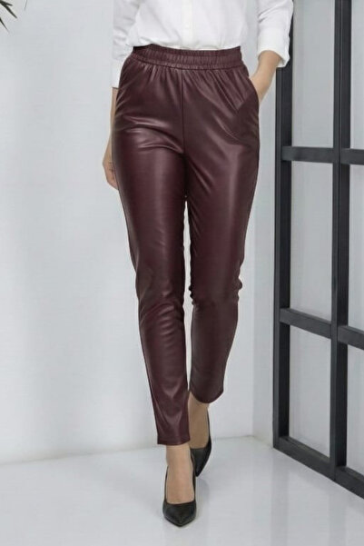 Hb Harma Time Butik Kadın Beli Lastikli Cepli Deri Bordo Pantolon