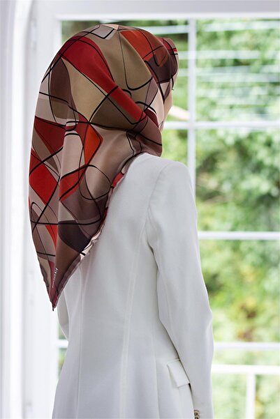 Vissona 100% حرير تويل بنمط هندسي أحمر - بيج اللون 90x90 وشاح طريقة الخياطة: ...