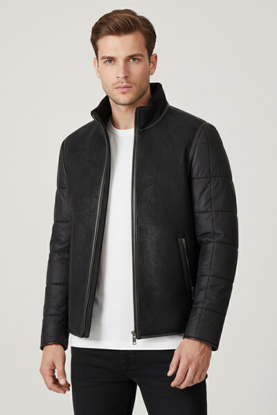 Deriderim Siyah James Yaka Kürk Arka Beden Ve Kollar Kapitone Kumaş Fermuarlı...