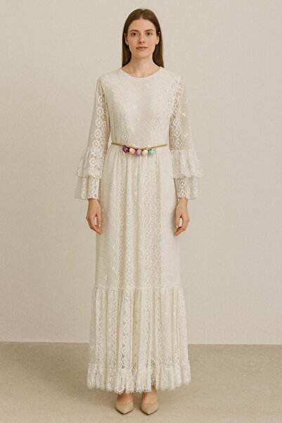 Famelin Kadın Güpürlü Etek Uçları Fırfırlı Elbise