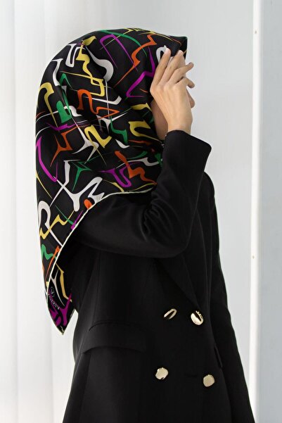 Vissona 100% Twill Silk Abstract Geometric Pattern Φούξια - Κίτρινο Χρώμα 90x...