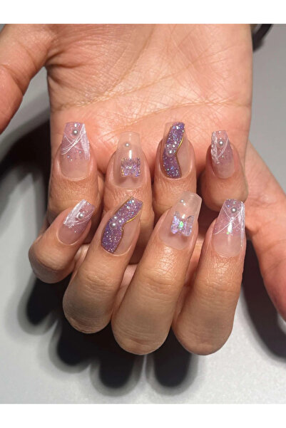 wow kutu X11 M Beden Nude Simli Kelebek İncili Protez Jel Takma Tırnak Ve Aksesuarlar