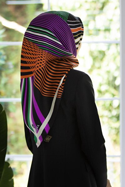 Vissona 100% Twill Silk Ριγέ Μοτίβο Πορτοκαλί - Φούξια Χρώμα 90x90 Φουλάρι Σχ...