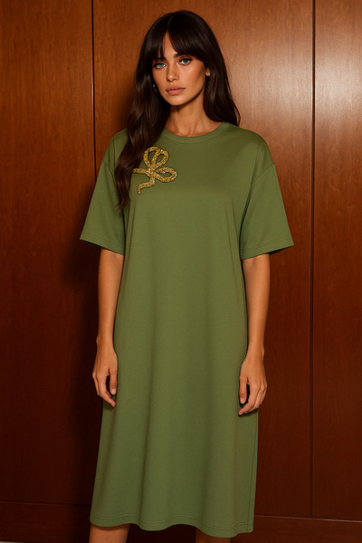 GZ Design Gold Işlemeli Yeşil Penye Oversize Elbise