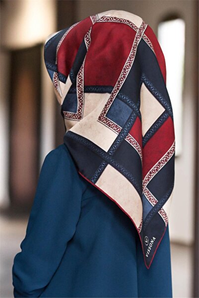 Vissona 100% Twill Silk Geometric Patterned Red - Navy Blue Colored 90X90 Sca...