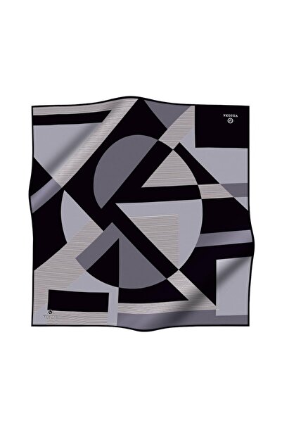 Vissona %100 Twill İpek Geometrik Çizgi Desenli Siyah - Gri Renkli 90x90 Eşar...