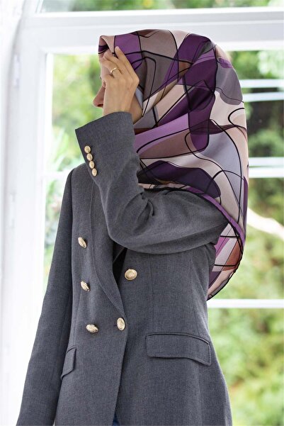 Vissona وشاح حريري 100% بنمط هندسي بلون أرجواني - بيج مقاس 90×90 شكل الخياطة:...