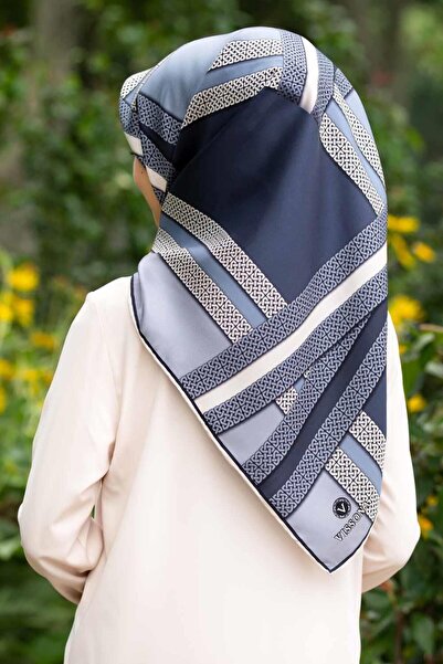 Vissona 100% Twill Silk Geometric Pattern Indigo - Κρεμ Χρώμα 90x90 Φουλάρι Σ...