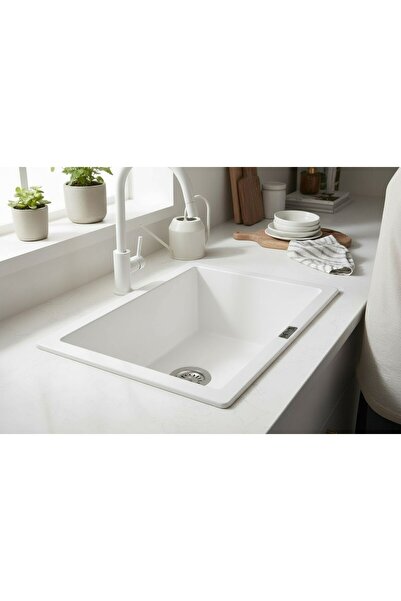 HENASURFACE Granit Eviye 1 Gözlü Beyaz 55x43 Tezgah Altına Uygun Granit Evye ...