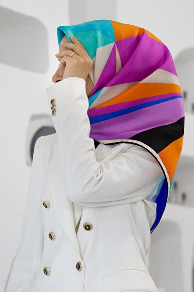 Vissona %100 Twill İpek Geometrik Desenli Fuşya - Turuncu Renkli 90x90 Eşarp ...
