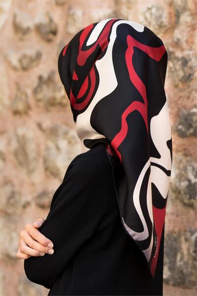 Vissona 100% Twill İpek Dalga Desenli Siyah - Bordo Renkli 90x90 Dikim Şekli ...