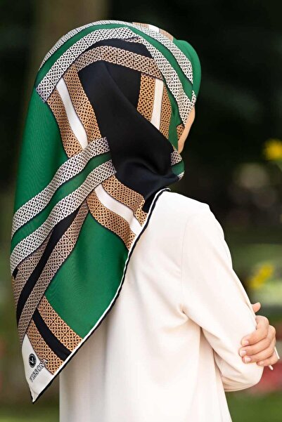 Vissona 100% حرير تويل بنمط هندسي أسود - أخضر زمردي ملون 90x90 وشاح طريقة الخ...