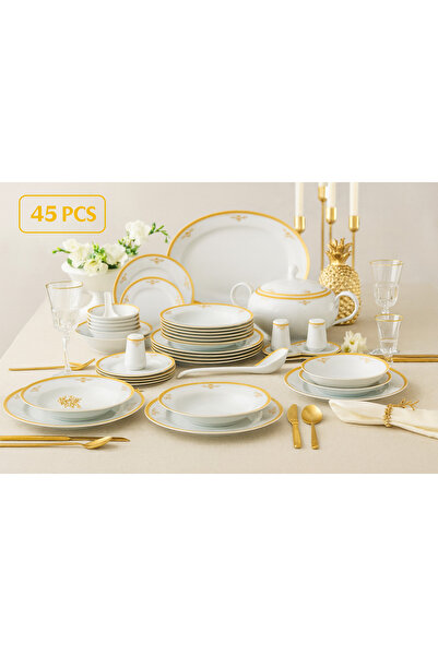 Dania طقم طعام بورسلين 45 قطعة باللون الأبيض مع خط ذهبي يكفي 6 أشخاص