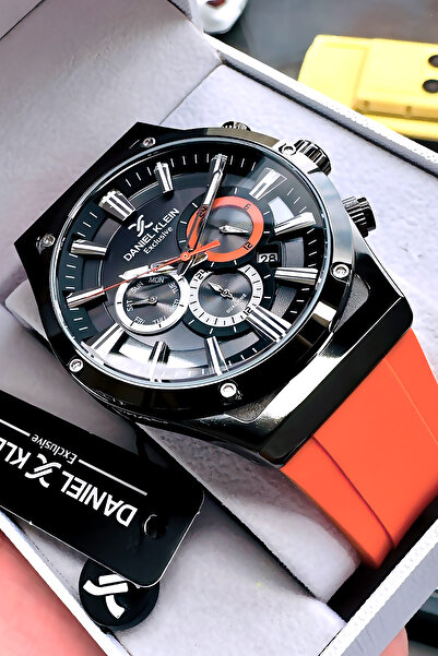 Daniel Klein Exclusive Hediyelik Erkek Kol Saati Su Geçirmez Turuncu Silikon Kordon - Hediye Bileklik DKER2059C7