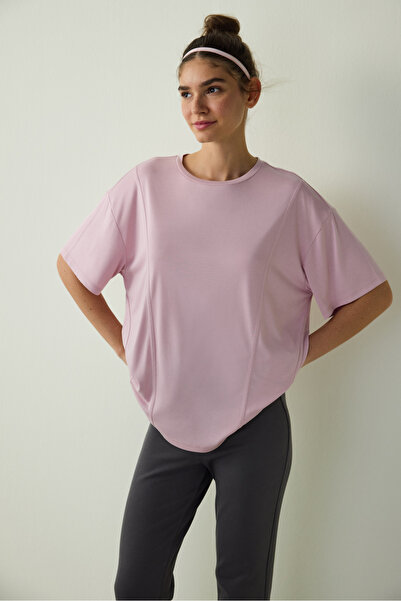 Penti Lilac Crew Neck Stitching Detailed Modal Oversize T-Shirt