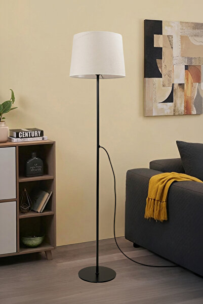 Marrien Cora Siyah Metal Ayaklı Lambader 145 cm Beyaz Kumaş Başlıklı Modern Salon Aydınlatma