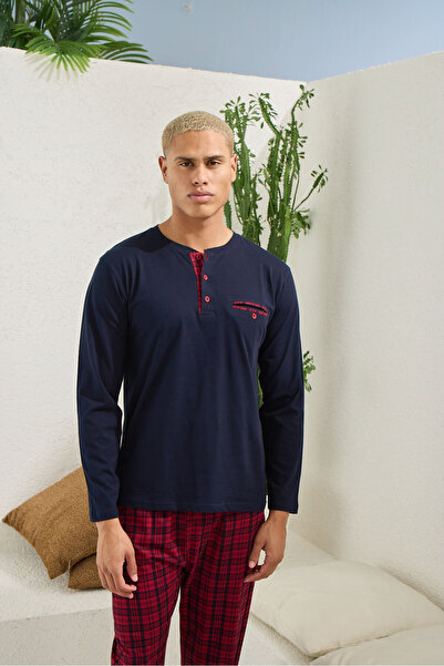 KLY بدلة بيجامة رجالية 100% قطن 4 مواسم منقوشة بأكمام طويلة 9223