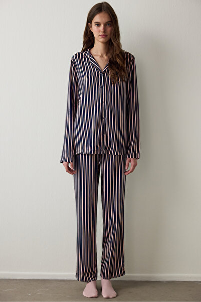 Penti Navy Blue Striped Shirt Collar Long Sleeve Pajama Set