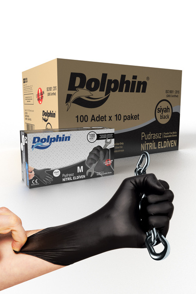 Dolphin Ekstra Kalın Siyah Nitril Eldiven Pudrasız (M) 10 Pk X 100adet