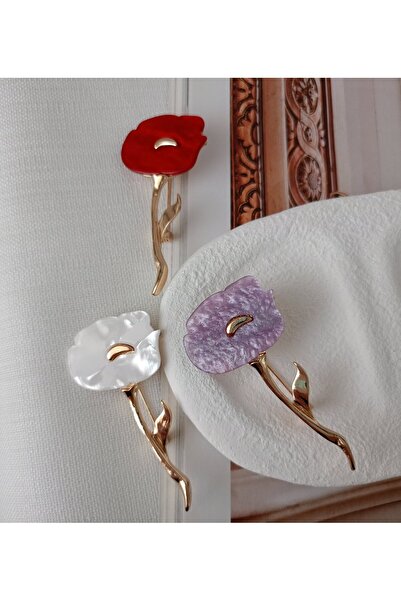 LENTE AKSESUAR Sedefli Çiçek Broş-Gold Renk Lale Kadın Yaka İğnesi