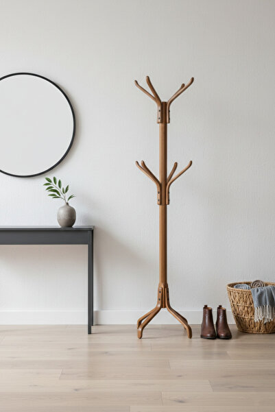 VİLİNZE Vesti Ahşap Ayaklı Kestane Portmanto Elbise Askılığı