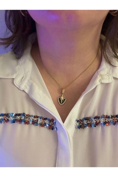 ALS Tasarım Dünyası Steel Gold Black Star Detailed Minimal Design Chain Necklace