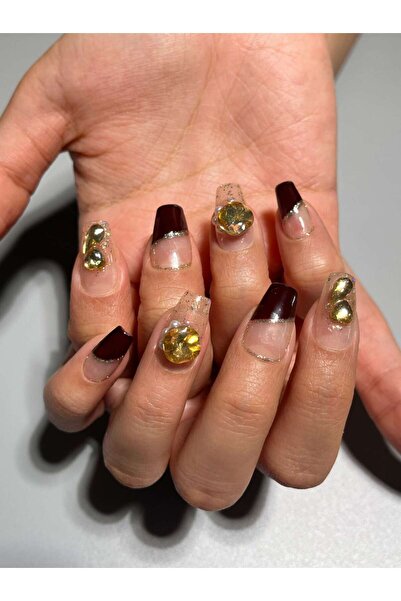 NailsTell C03 XS Beden Nude Simli Kırmızı French Protez Jel Takma Tırnak Ve A...